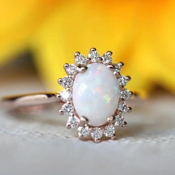 Opal Cubic Zirconia Halo Gold Tone Ring Size 8 NWT - Picture 5 of 6